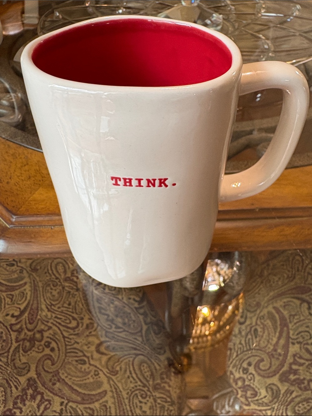 Rae Dunn White Outside Red Inside a Small "Think", Coffee Tea Mug 16 oz